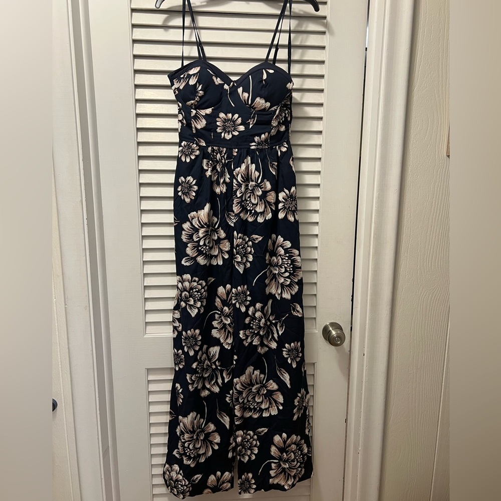Small Spaghetti Strap Navy/Floral Wide Leg Jumpsuit w/padded bra insert